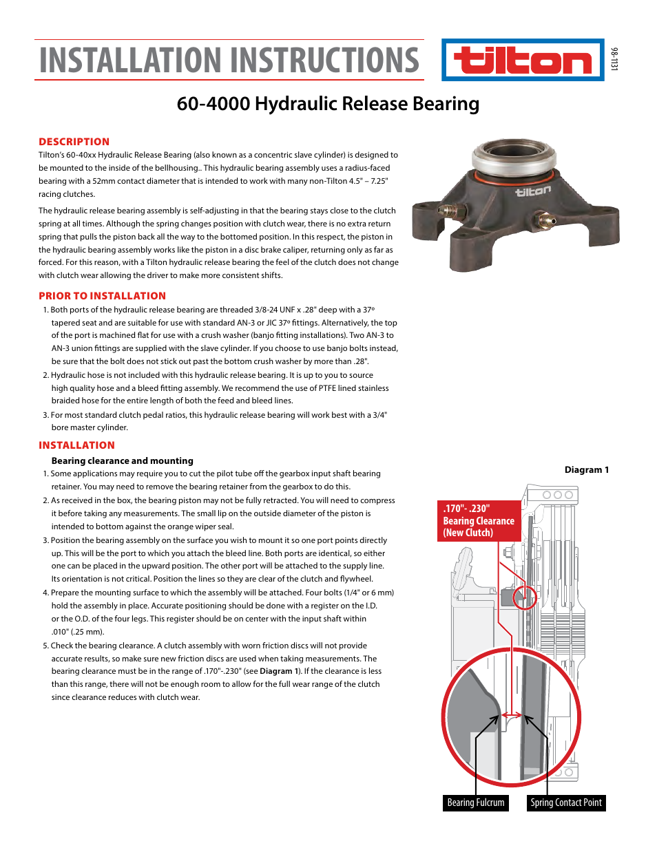 Tilton 40XX Hydraulic Release Bearing (98-1131) User Manual | 4 pages