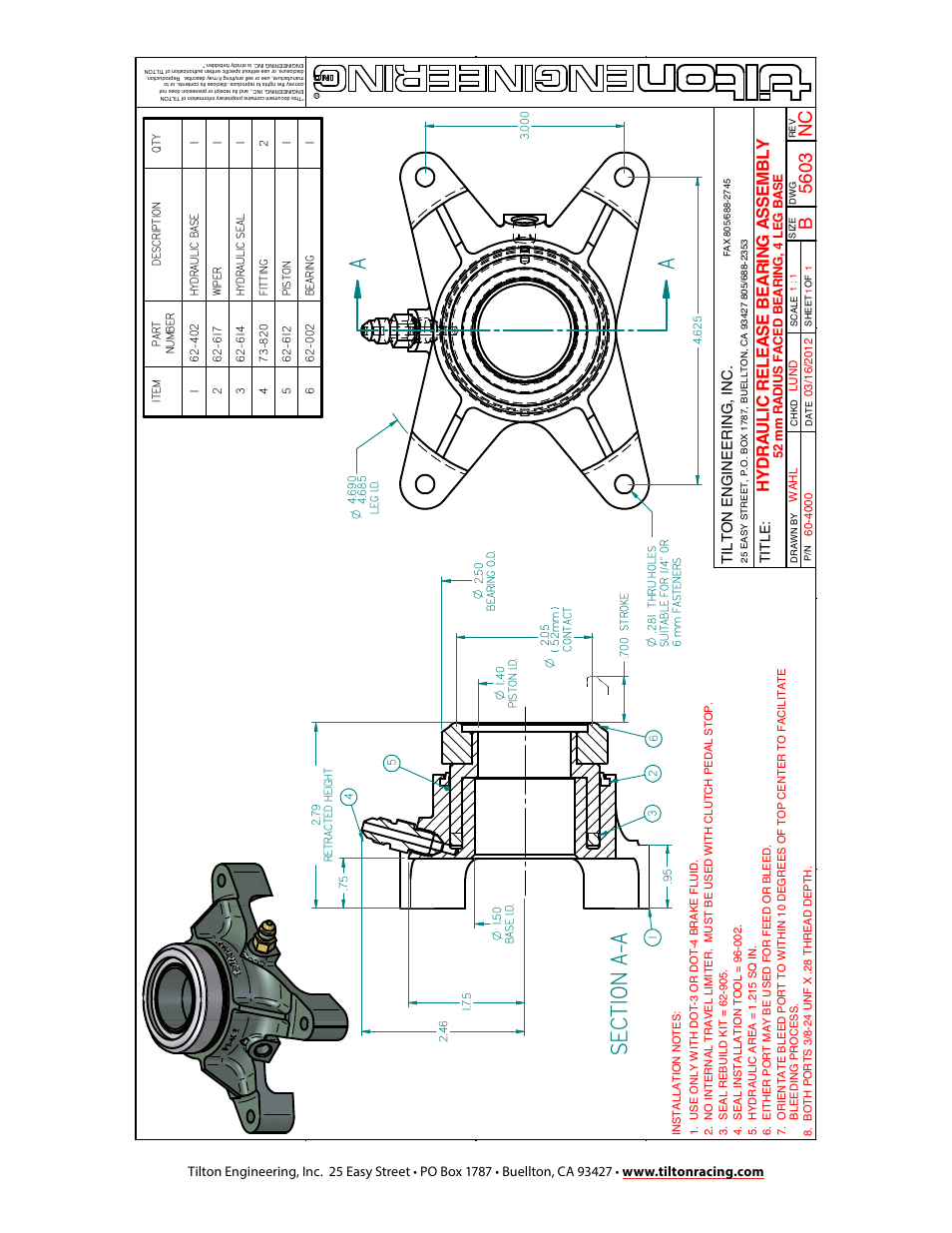 Asec ti on a-a, Hy drau li c re le as e be ar ing a ss em bl y | Tilton 40XX Hydraulic Release Bearing (98-1131) User Manual | Page 4 / 4