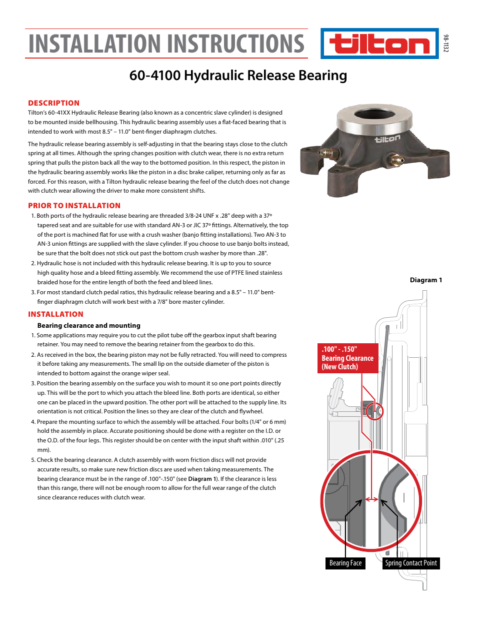 Tilton 41XX Hydraulic Release Bearing (98-1132) User Manual | 4 pages