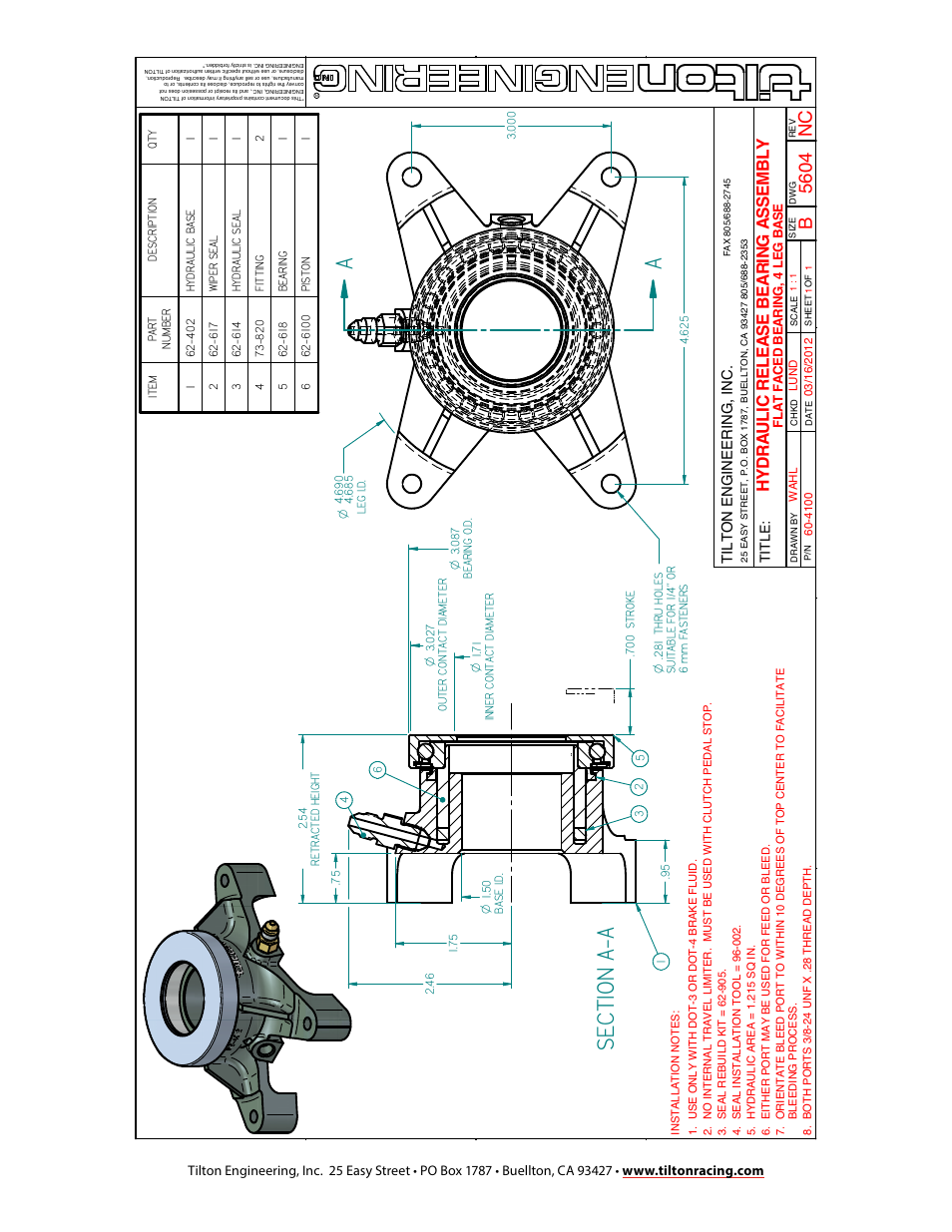 Asec ti on a- a, Hy drau li c re le as e be ar ing a ss em bl y | Tilton 41XX Hydraulic Release Bearing (98-1132) User Manual | Page 4 / 4