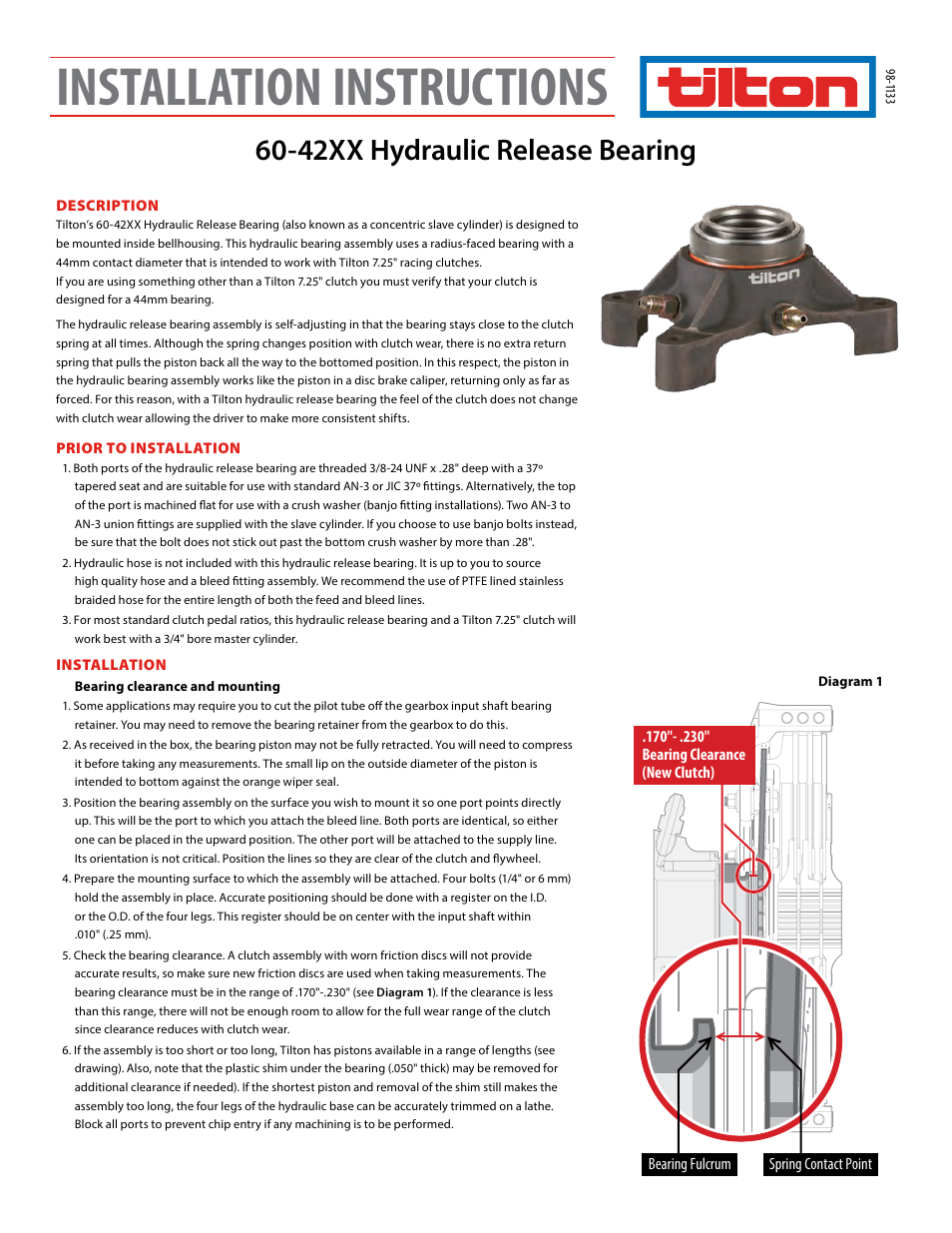 Tilton 42XX Hydraulic Release Bearing (98-1133) User Manual | 4 pages