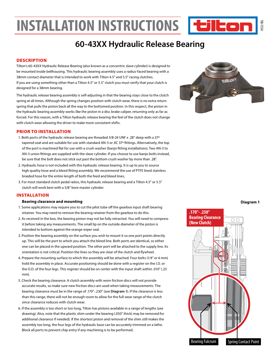 Tilton 43XX Hydraulic Release Bearing (98-1134) User Manual | 4 pages