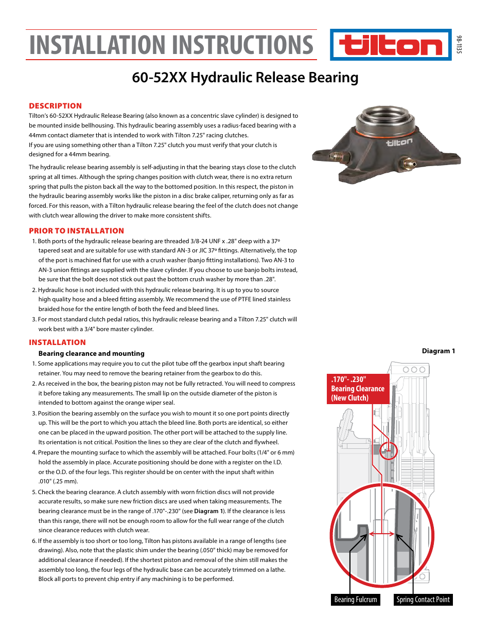 Tilton 52XX Hydraulic Release Bearing (98-1135) User Manual | 4 pages