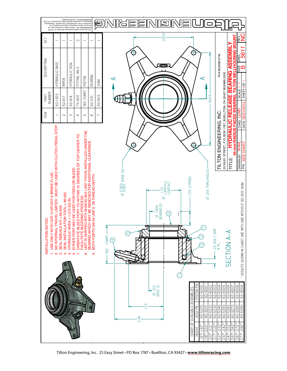 Asec ti on a-a, Hy drau li c re le as e be ar ing a ss em bl y | Tilton 52XX Hydraulic Release Bearing (98-1135) User Manual | Page 4 / 4