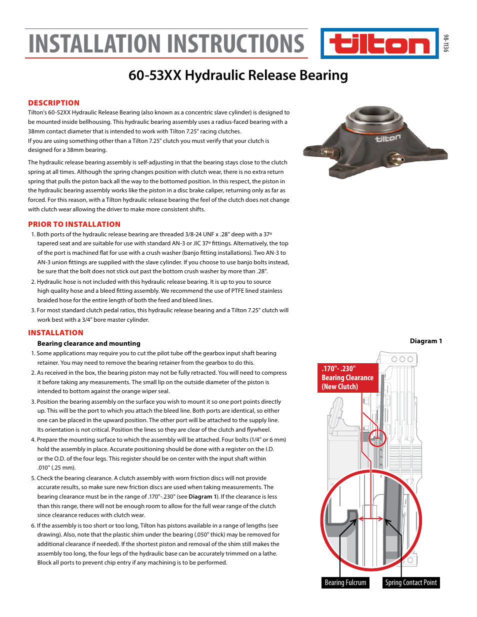 Tilton 53XX Hydraulic Release Bearing (98-1136) User Manual | 4 pages