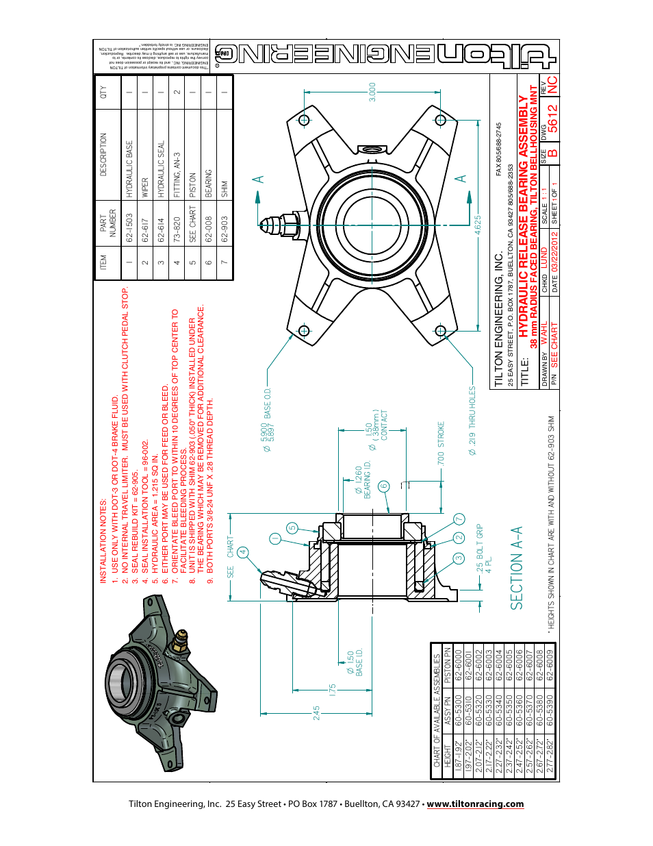 Asec ti on a-a, Hy drau li c re le as e be ar ing a ss em bl y | Tilton 53XX Hydraulic Release Bearing (98-1136) User Manual | Page 4 / 4