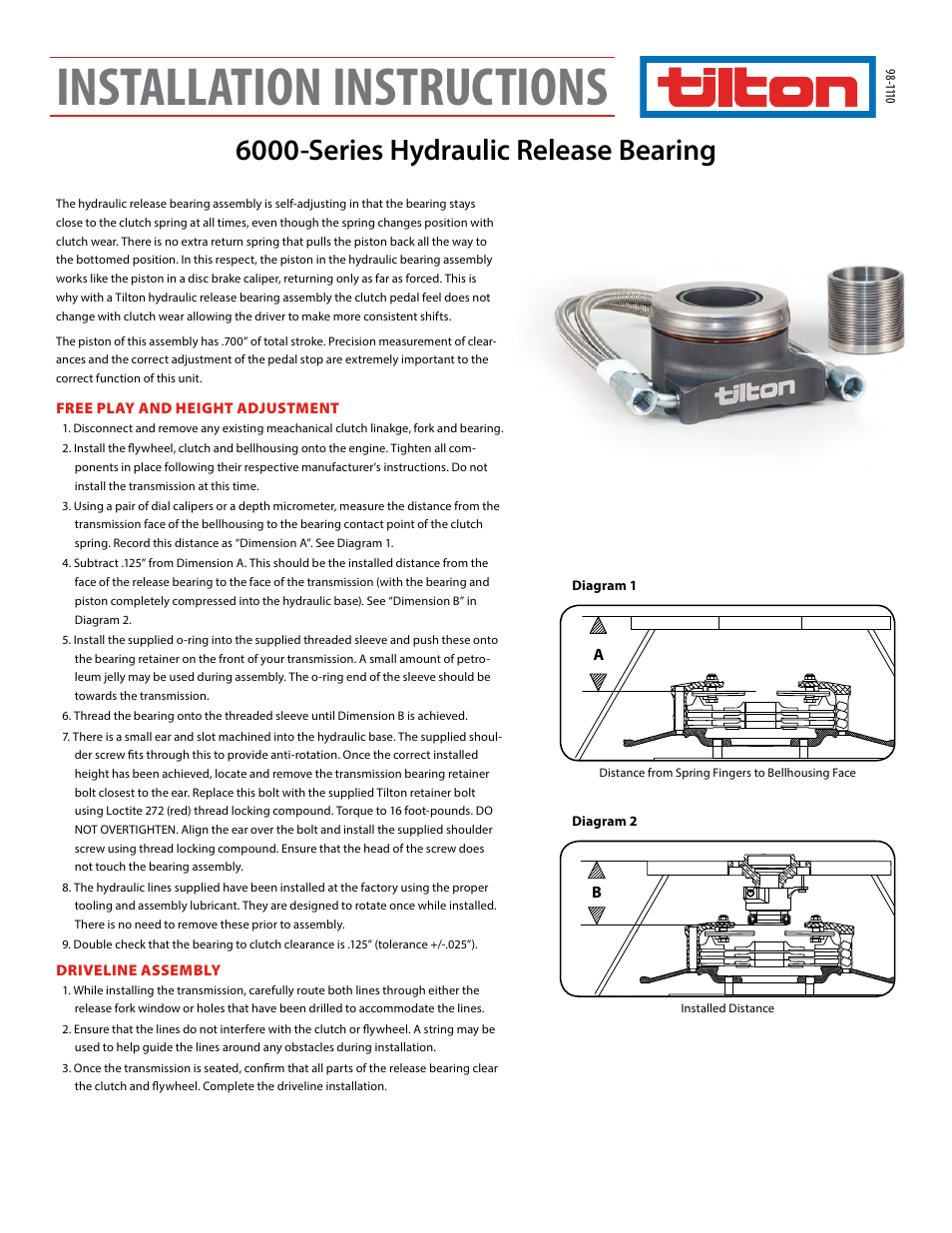 Tilton 6000-Series Hydraulic Release Bearing (98-1110) User Manual | 2 pages