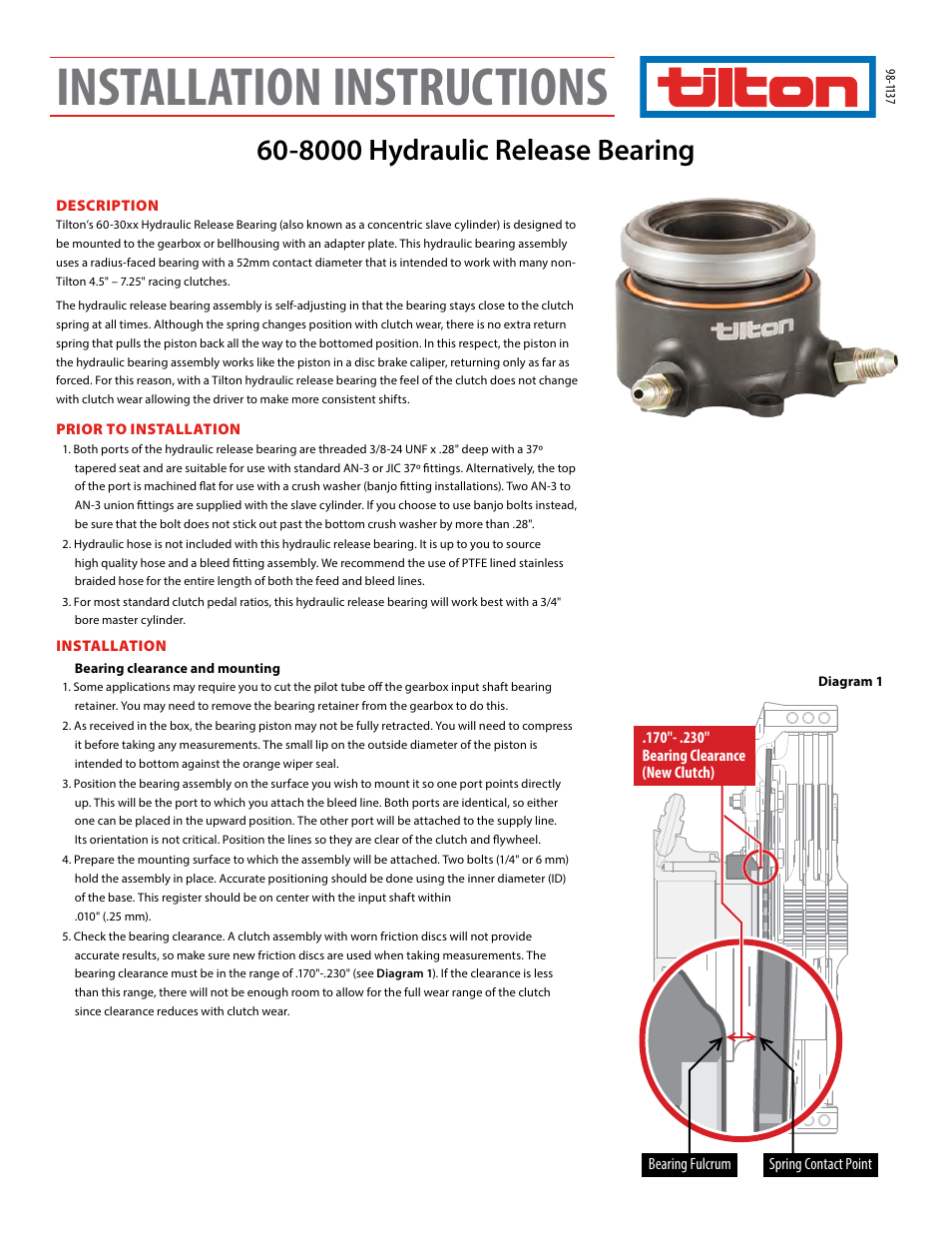 Tilton 80XX Hydraulic Release Bearing (98-1137) User Manual | 4 pages