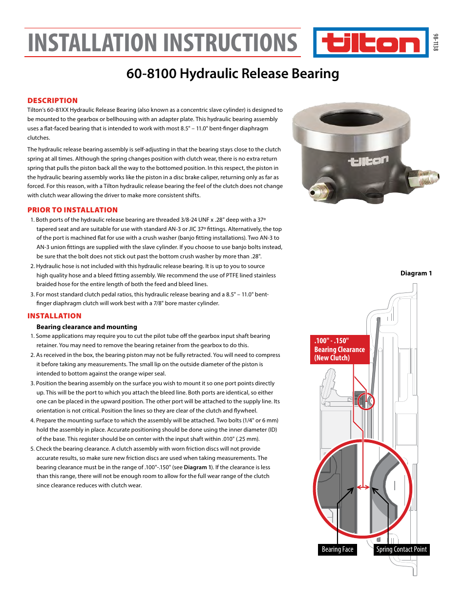 Tilton 81XX Hydraulic Release Bearing (98-1138) User Manual | 4 pages