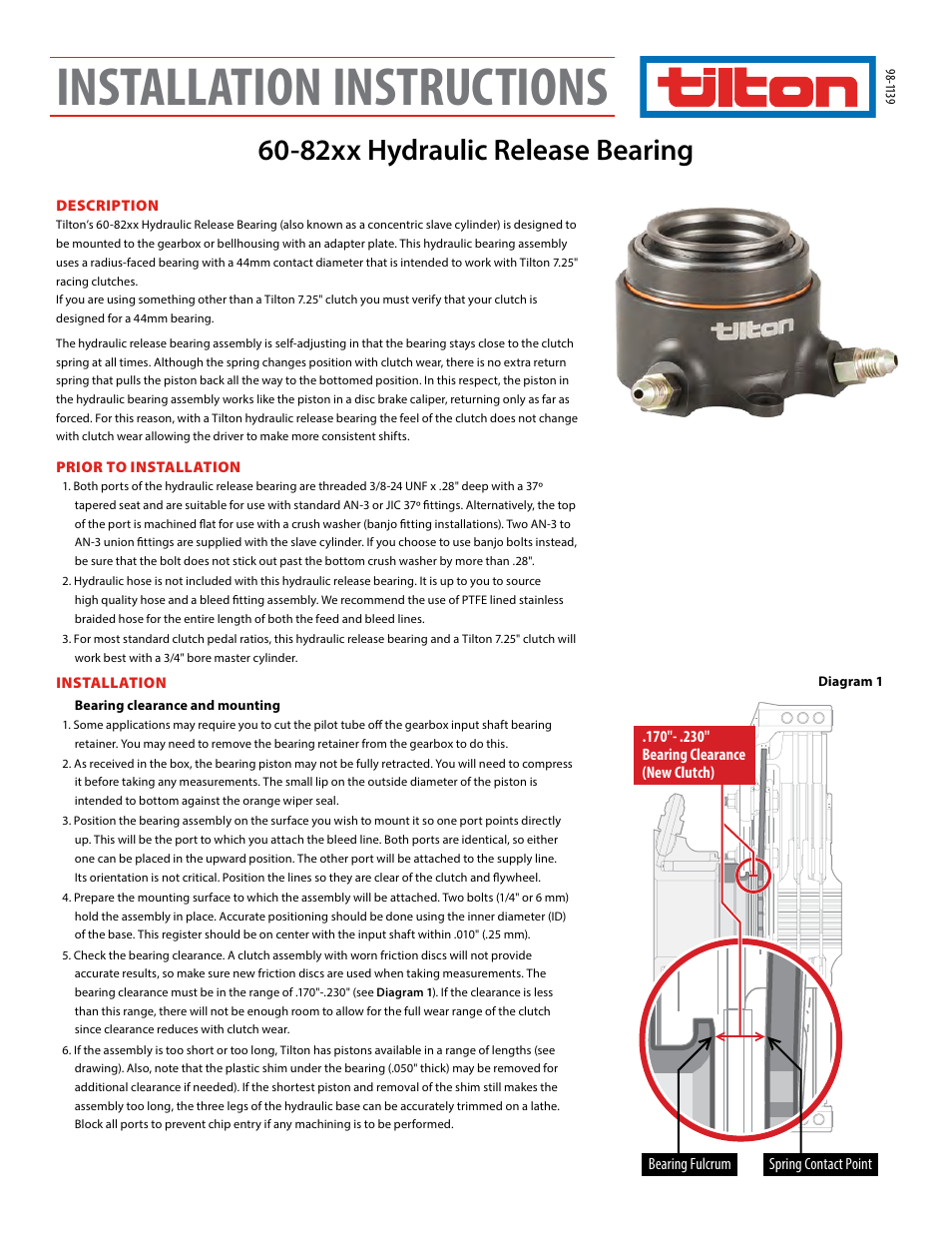 Tilton 82XX Hydraulic Release Bearing (98-1139) User Manual | 4 pages