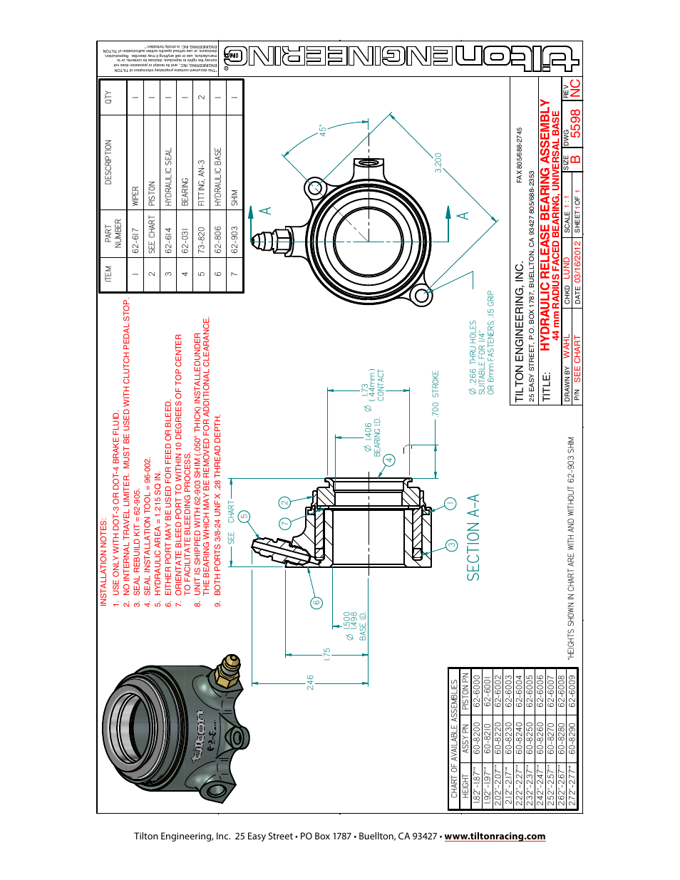 Asec ti on a- a, Hy drau li c re le as e be ar ing a ss em bl y | Tilton 82XX Hydraulic Release Bearing (98-1139) User Manual | Page 4 / 4