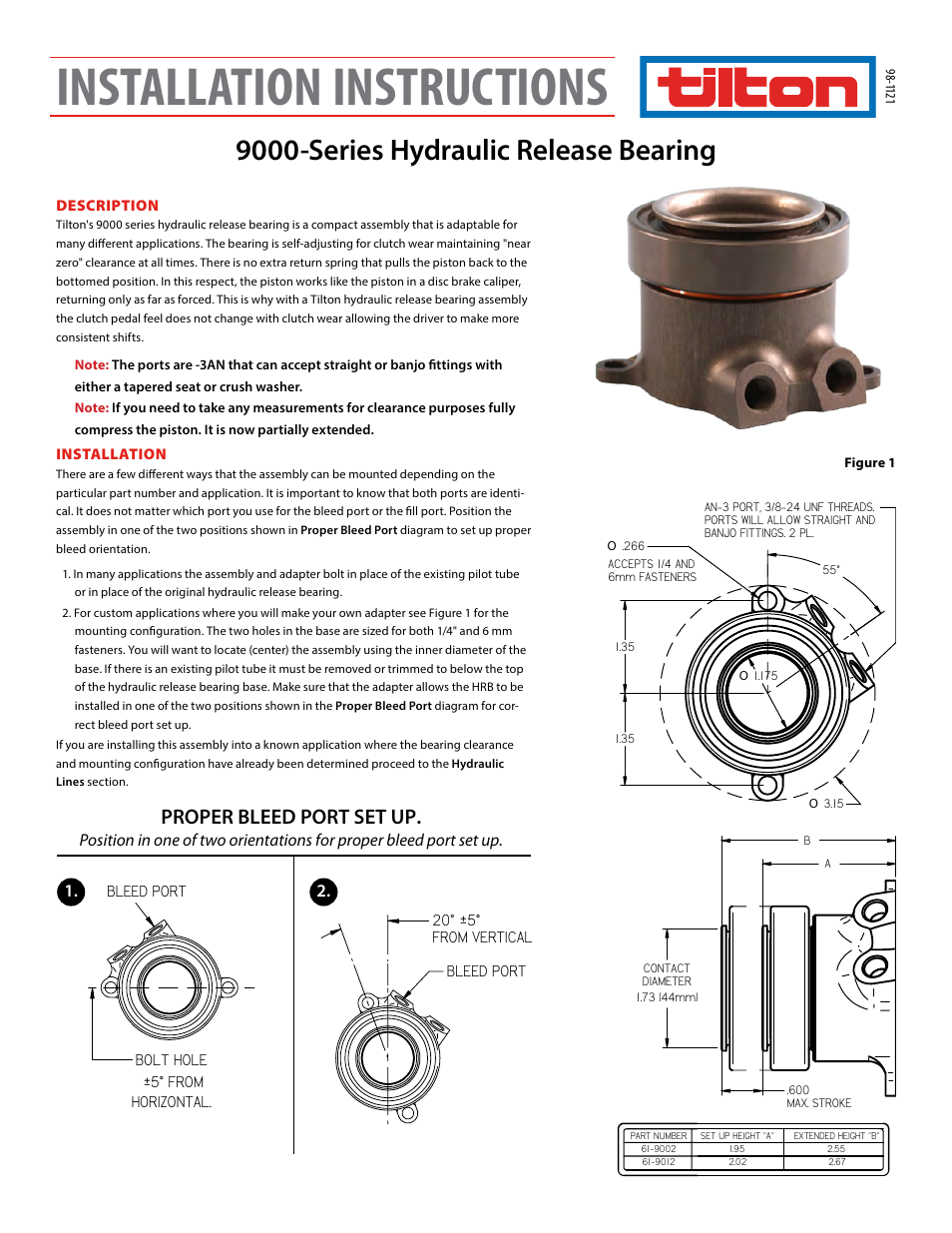 Tilton 9000-Series Hydraulic Release Bearing (98-1121) User Manual | 3 pages