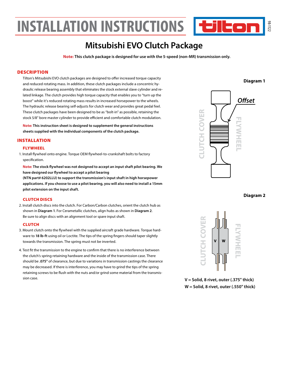 Tilton Mistubishi EVO8 Package (98-1122) User Manual | 2 pages