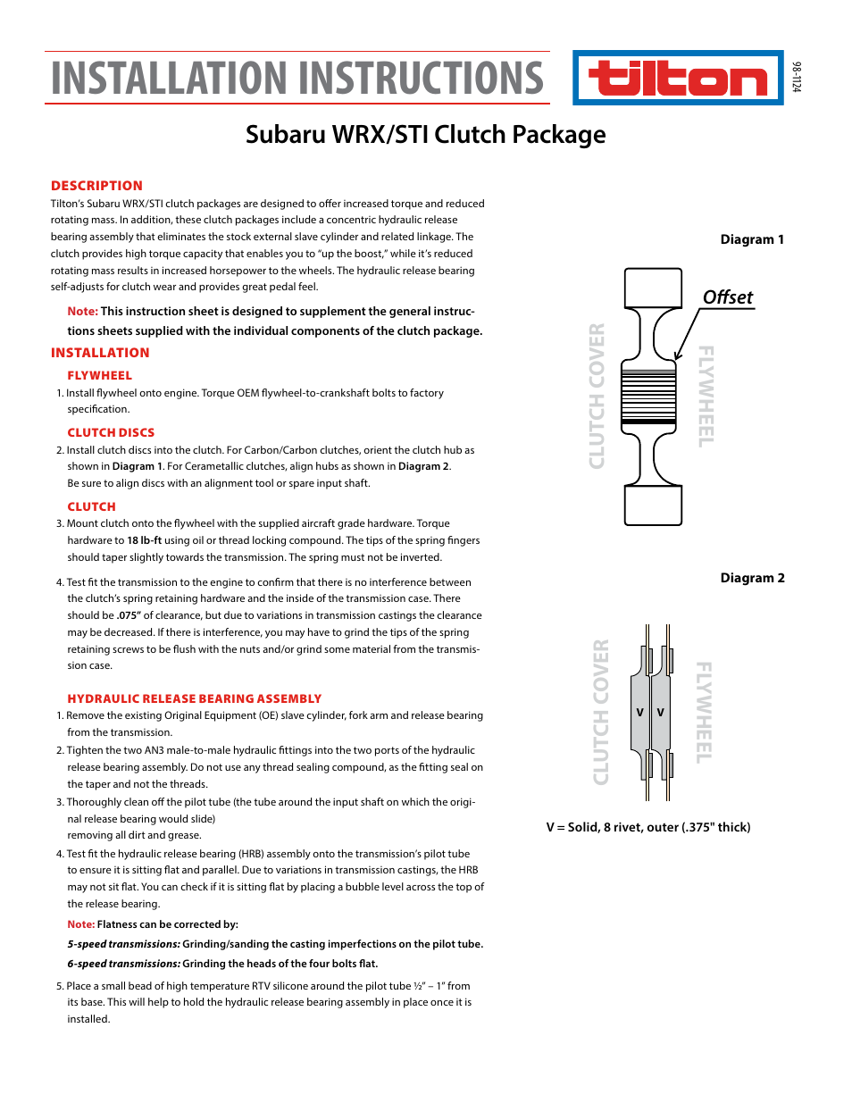 Tilton Subaru WRX-STI Package (98-1124) User Manual | 2 pages