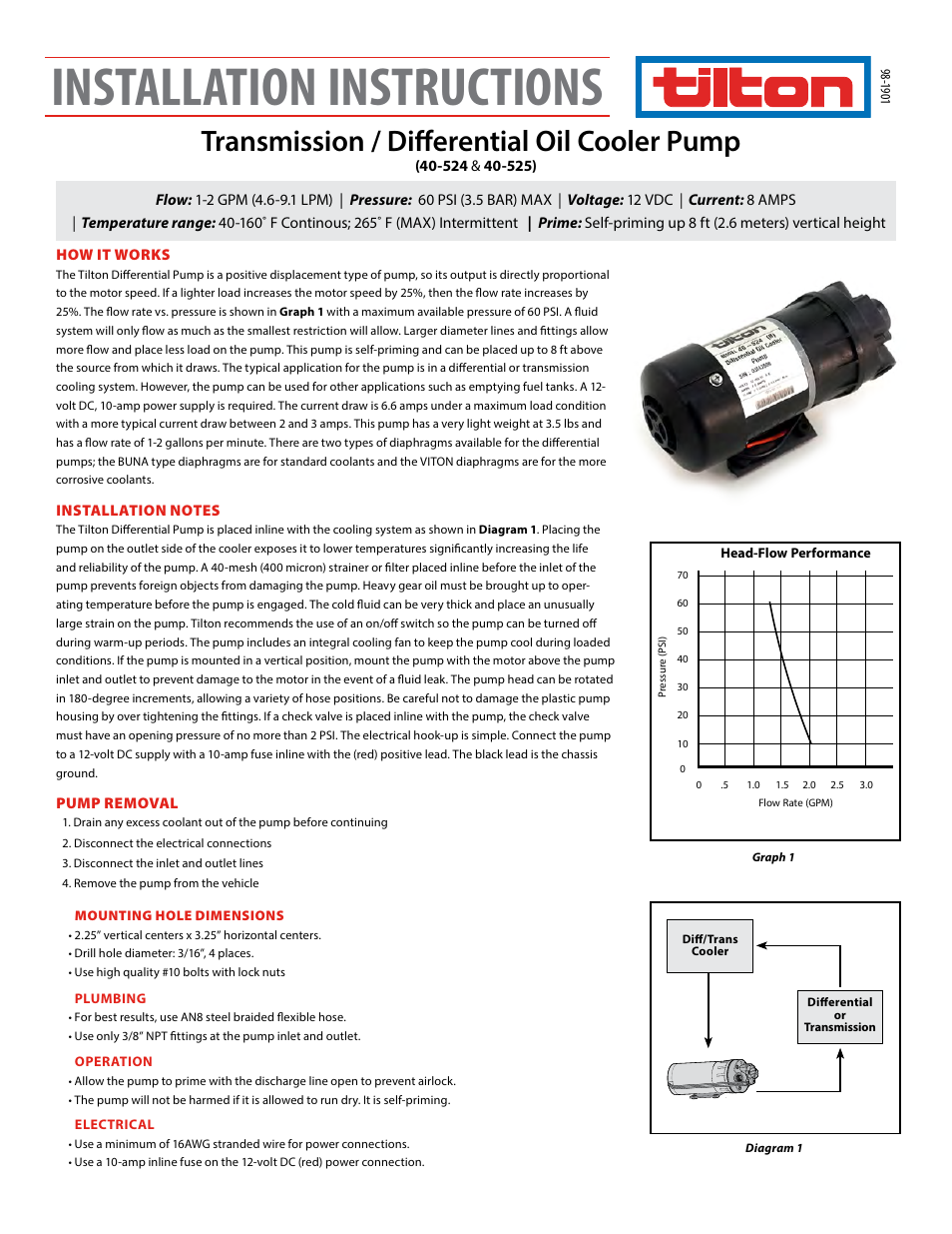 Tilton Standard Oil Cooler Pump (98-1901) User Manual | 2 pages