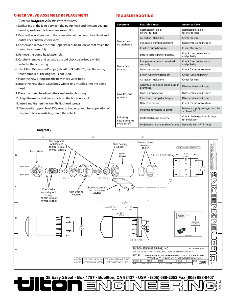 Check valve assembly replacement, Troubleshooting, Refer to diagram 2 for the part numbers) | Tilton engineering, inc | Tilton Standard Oil Cooler Pump (98-1901) User Manual | Page 2 / 2