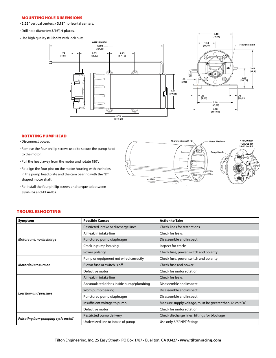 For reference only, Troubleshooting, Mounting hole dimensions | Rotating pump head | Tilton Premium Oil Cooler Pump (98-1902) User Manual | Page 2 / 2