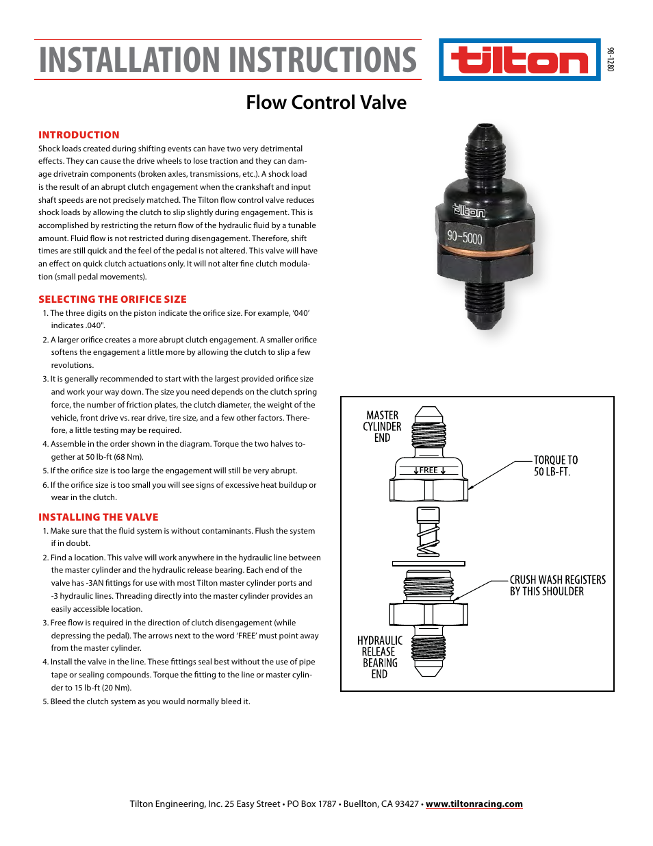 Tilton Flow Control Valve (98-1280) User Manual | 1 page