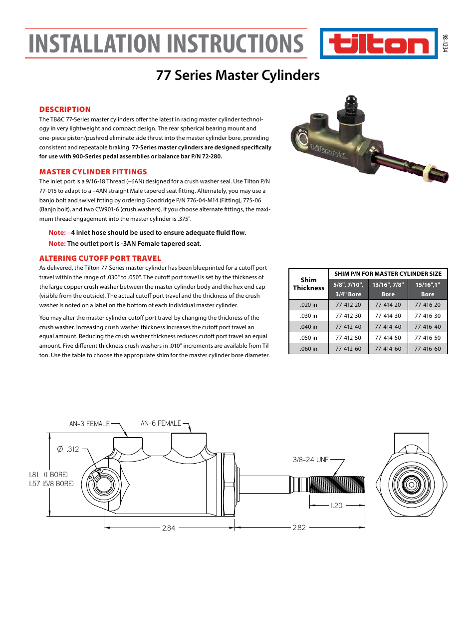 Tilton 77-Series (98-1234) User Manual | 2 pages