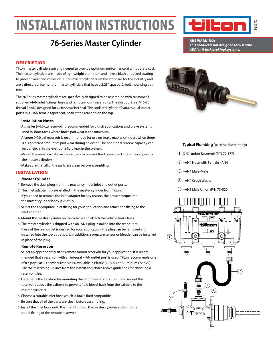 Tilton 76-Series Kit (98-1236) User Manual | 2 pages