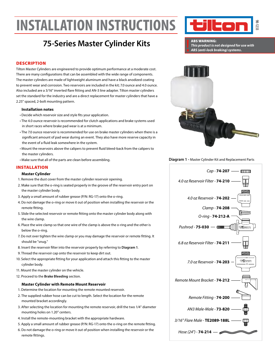 Tilton 75-Series Kit (98-1233) User Manual | 2 pages