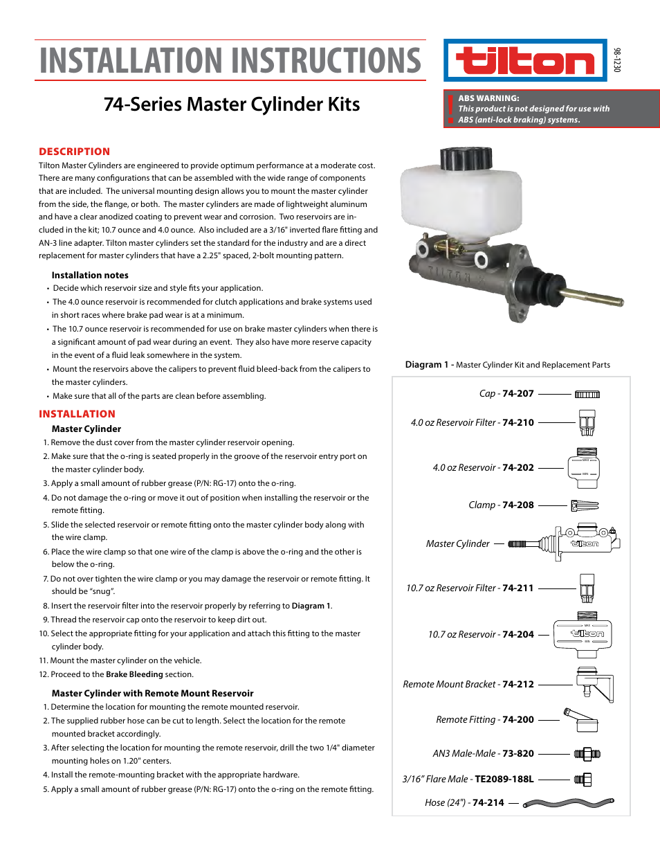 Tilton 74-Series Kit (98-1230) User Manual | 2 pages