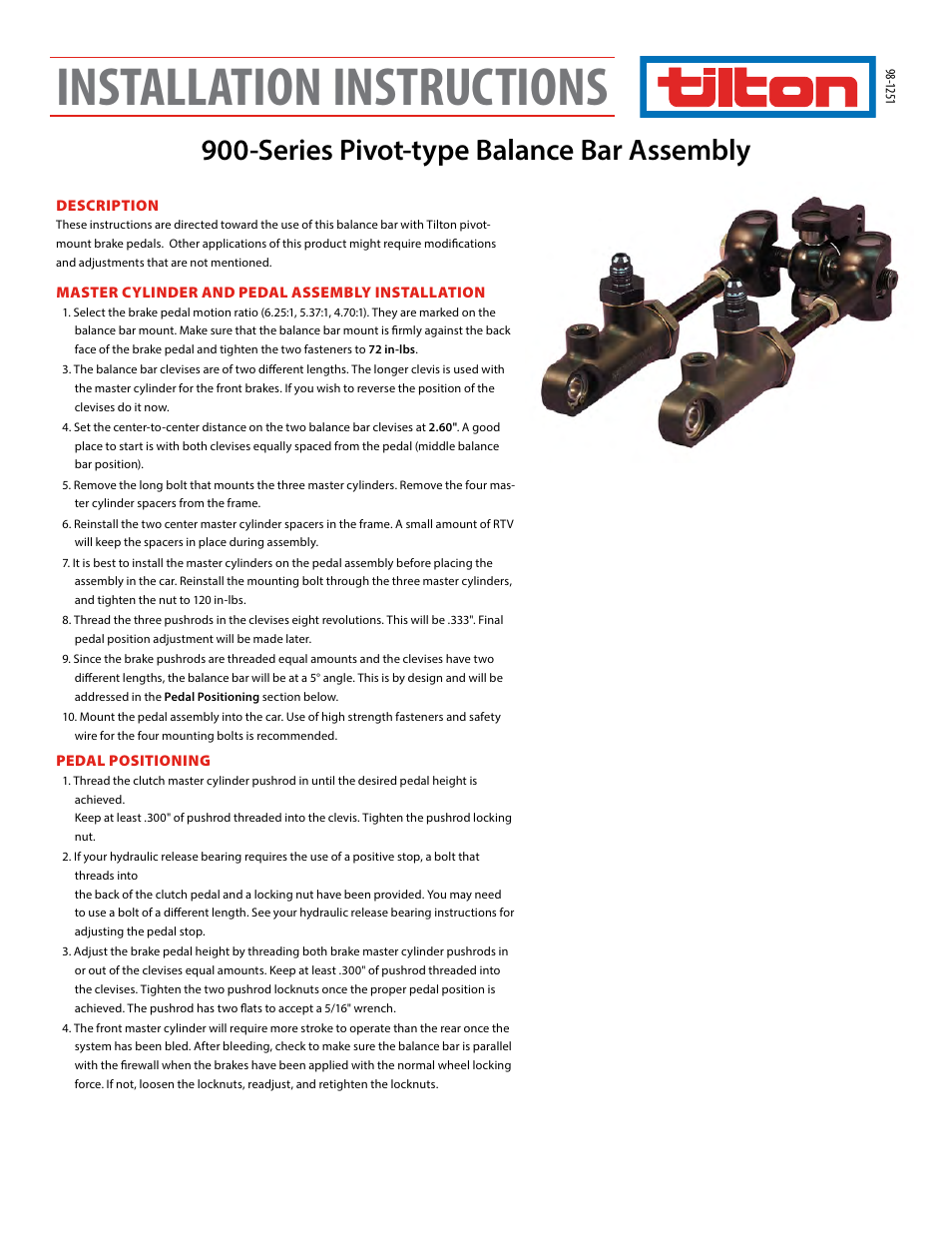 Tilton 900 Series Balance Bar (98-1251) User Manual | 2 pages