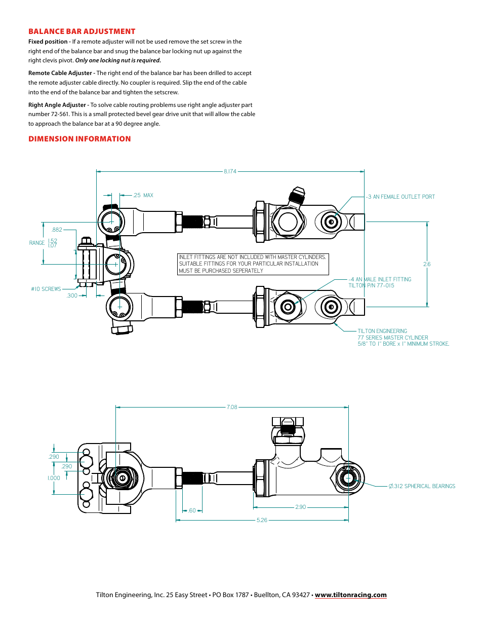 Balance bar adjustment, Dimension information, Balance bar & 77 series m/c assembly | Title, Tilton engineering, inc | Tilton 900 Series Balance Bar (98-1251) User Manual | Page 2 / 2