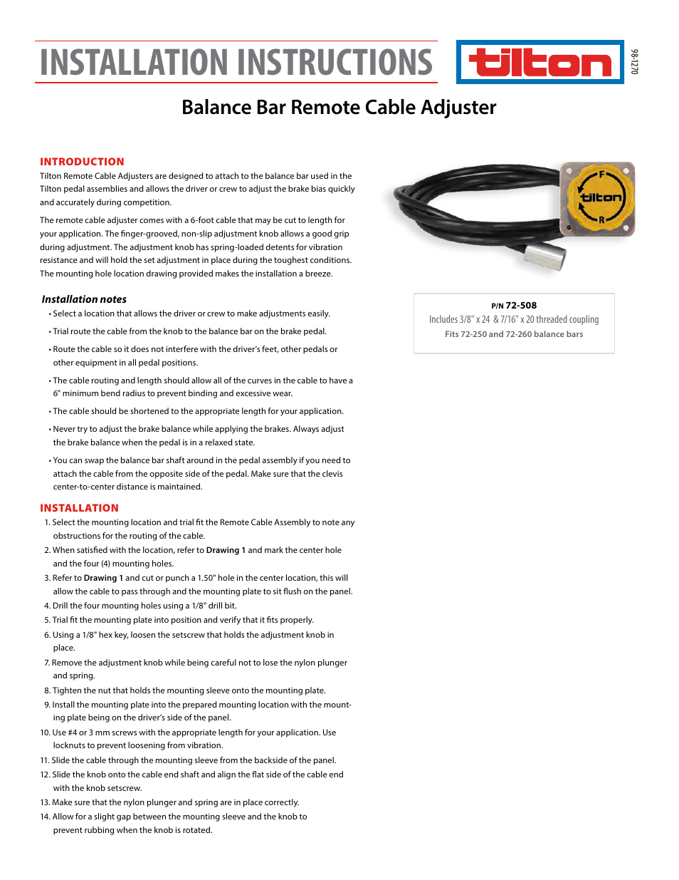 Tilton Standard Bias Adjuster (98-1270) User Manual | 2 pages