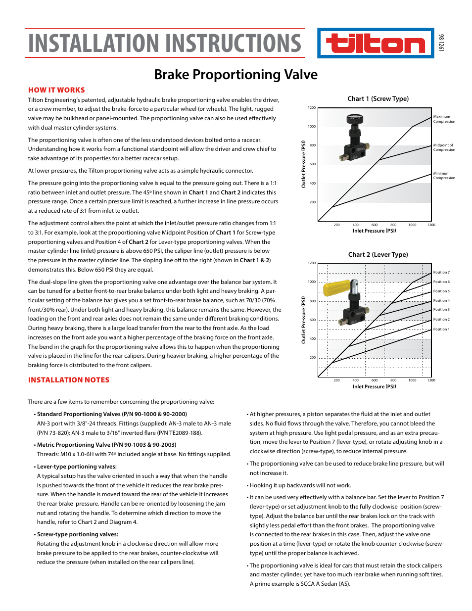 Tilton Brake Proportioning Valve (98-1261) User Manual | 2 pages