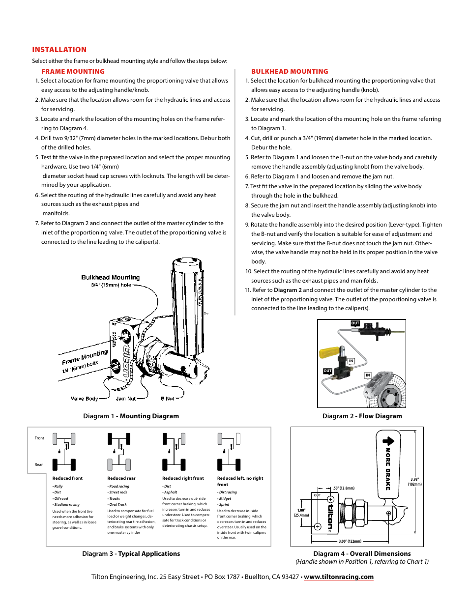 Installation | Tilton Brake Proportioning Valve (98-1261) User Manual | Page 2 / 2