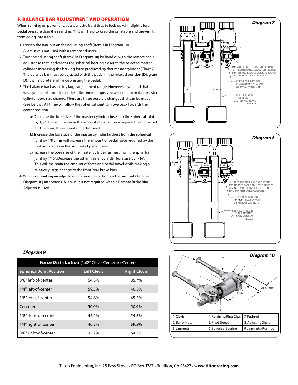 F. balance bar adjustment and operation, Diagram 9 diagram 10, Diagram 8 diagram 7 | Force distribution | Tilton Firewall – Aluminum & Steel (98-1203) User Manual | Page 4 / 4