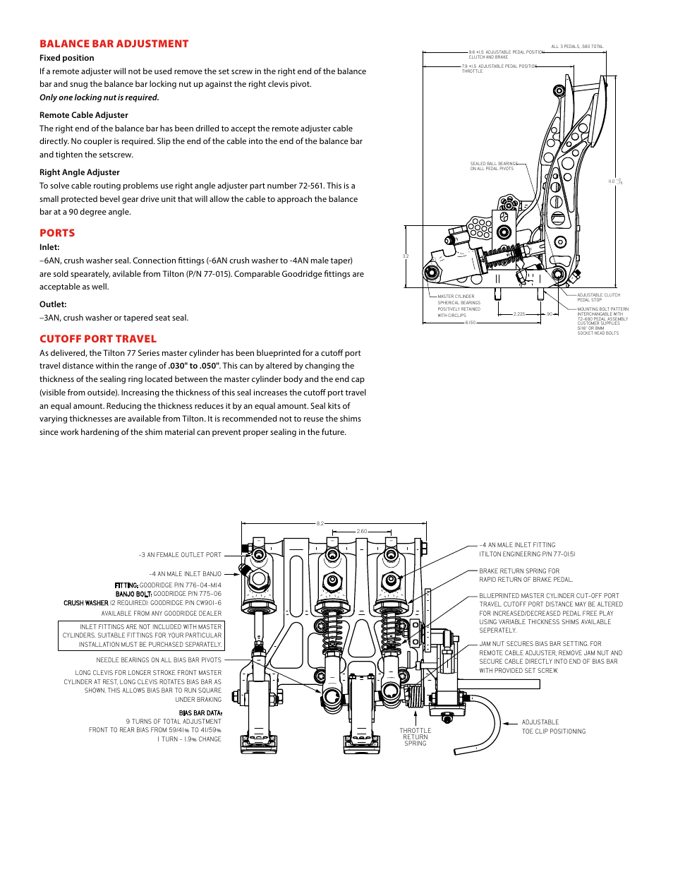 Balance bar adjustment, Ports, Cutoff port travel | Tilton Floor-Mount (98-1207) User Manual | Page 3 / 4