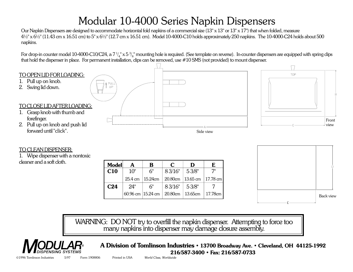 Tomlinson 10-4000 Series Napkin Dispensers User Manual | 2 pages