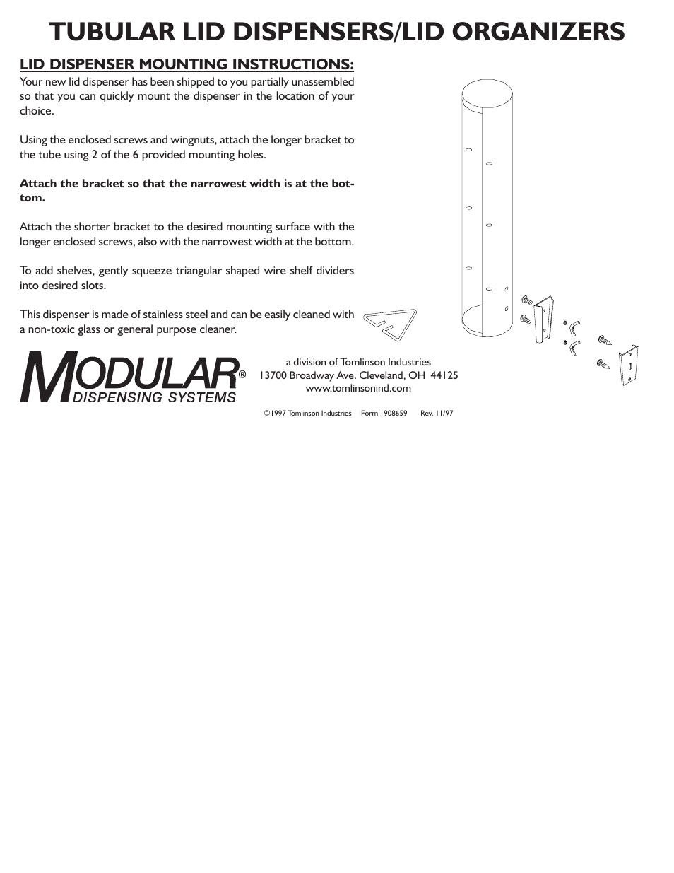 Tomlinson Tubular Lid Dispenser User Manual | 1 page