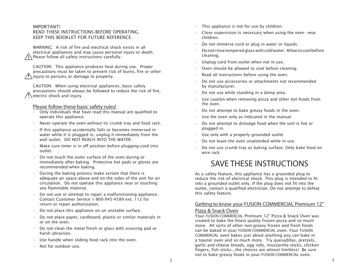 Save these instructions, Please follow these basic safety rules | Tomlinson 508FCG PREMIUM 12 PIZZA & SNACK User Manual | Page 2 / 5