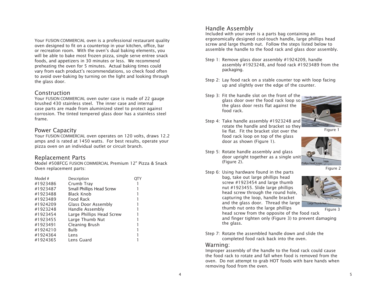 Construction, Power capacity, Replacement parts | Handle assembly, Warning | Tomlinson 508FCG PREMIUM 12 PIZZA & SNACK User Manual | Page 3 / 5