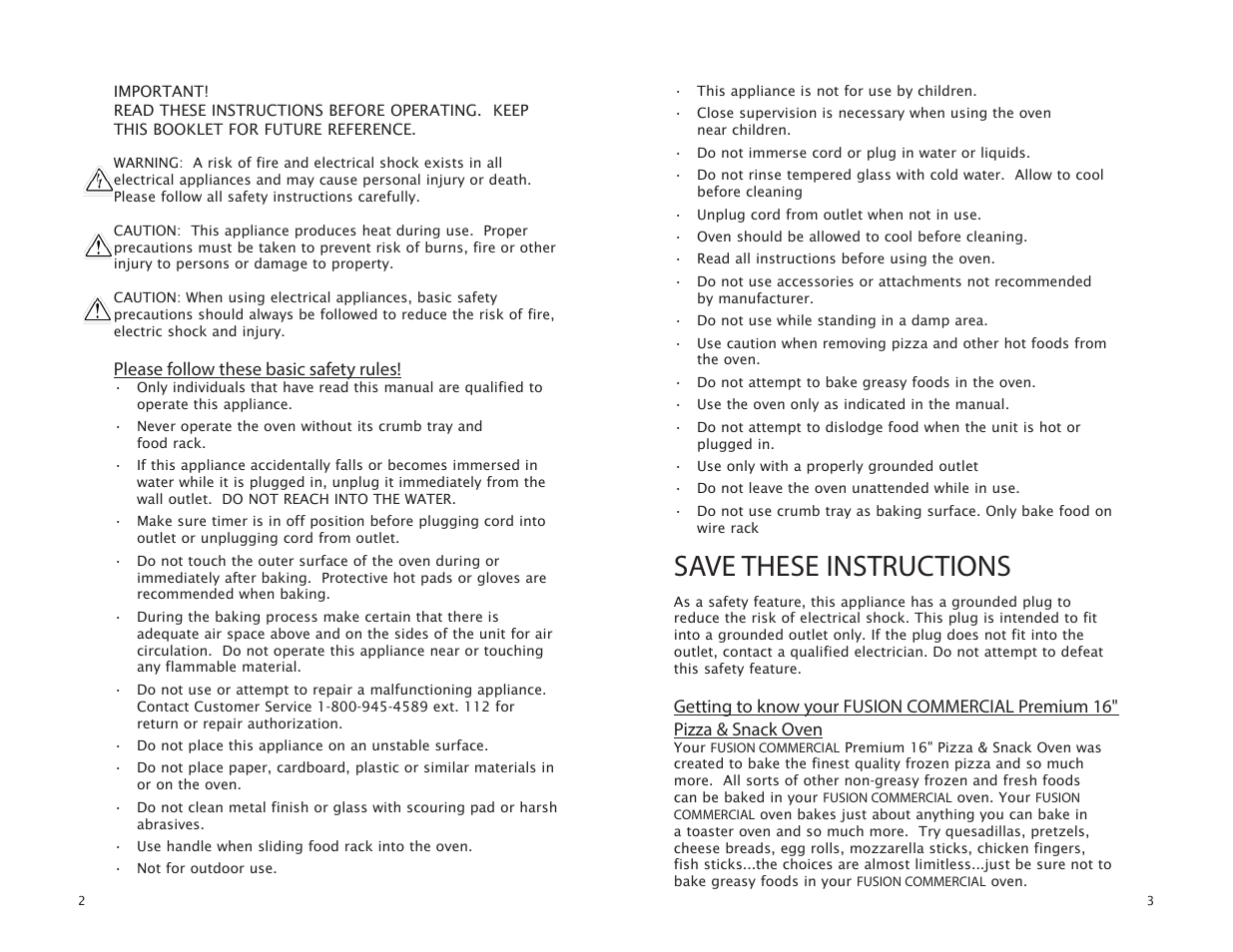 Save these instructions, Please follow these basic safety rules | Tomlinson 515FCG PREMIUM 16 PIZZA & SNACK User Manual | Page 2 / 5