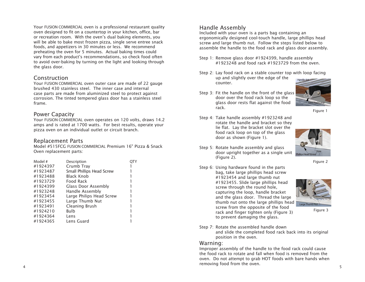 Construction, Power capacity, Replacement parts | Handle assembly, Warning | Tomlinson 515FCG PREMIUM 16 PIZZA & SNACK User Manual | Page 3 / 5