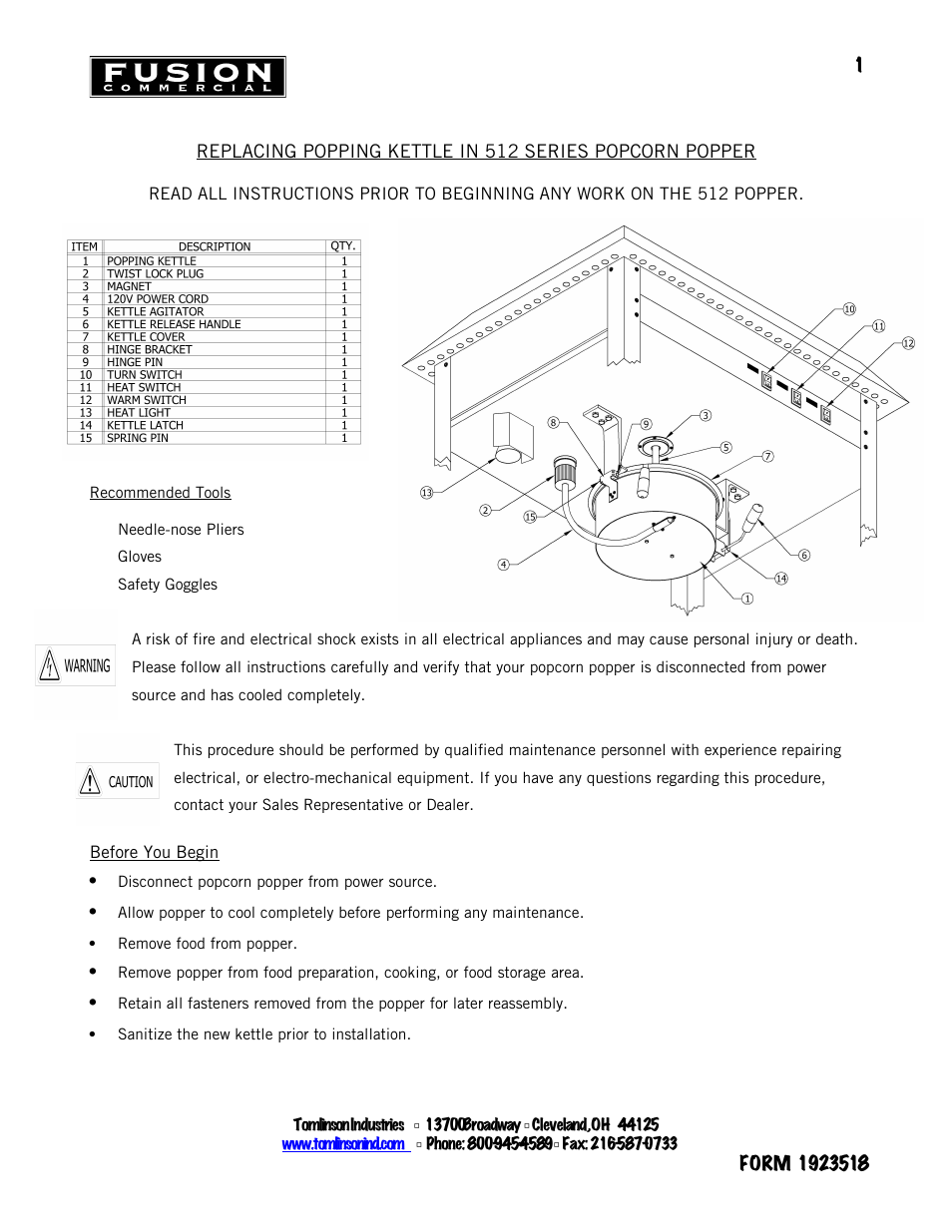 Tomlinson 512 SERIES POPCORN POPPER Popping Kettle replacement Instructions User Manual | 2 pages