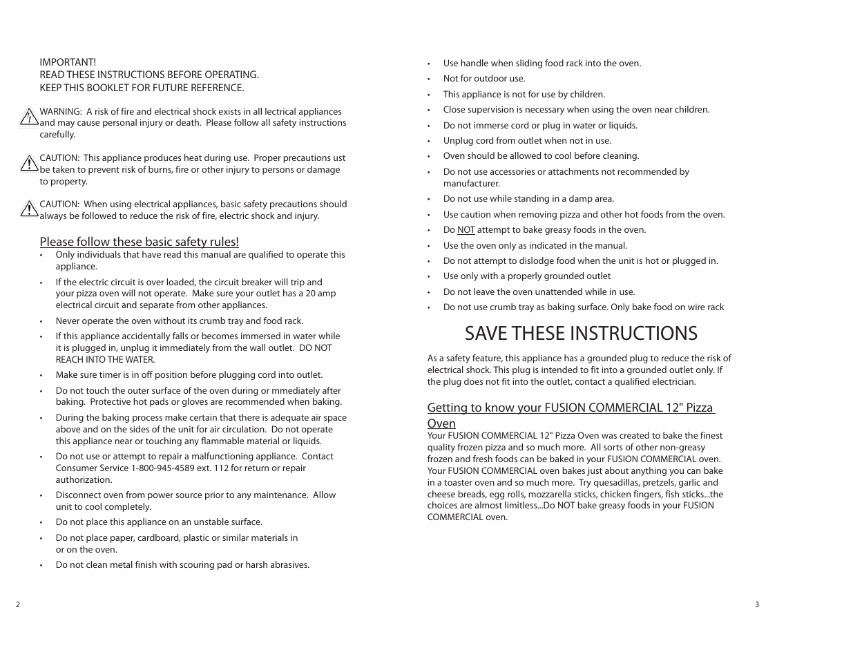 Save these instructions, Please follow these basic safety rules | Tomlinson 507FC 12 PIZZA OVEN User Manual | Page 2 / 4