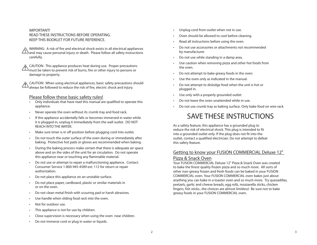 Save these instructions, Please follow these basic safety rules | Tomlinson 508FC DELUXE 12 PIZZA & SNACK User Manual | Page 2 / 5