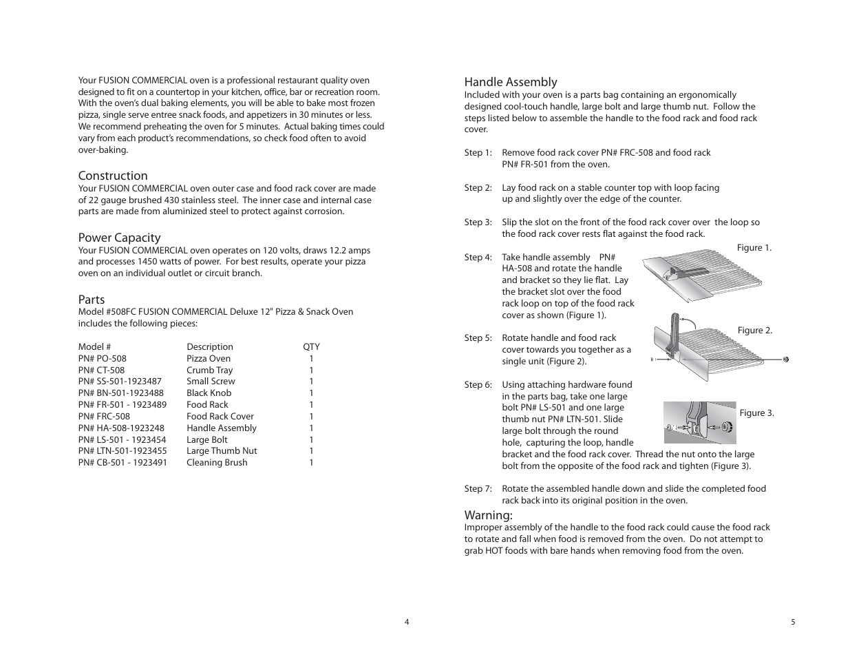 Construction, Power capacity, Parts | Handle assembly, Warning | Tomlinson 508FC DELUXE 12 PIZZA & SNACK User Manual | Page 3 / 5