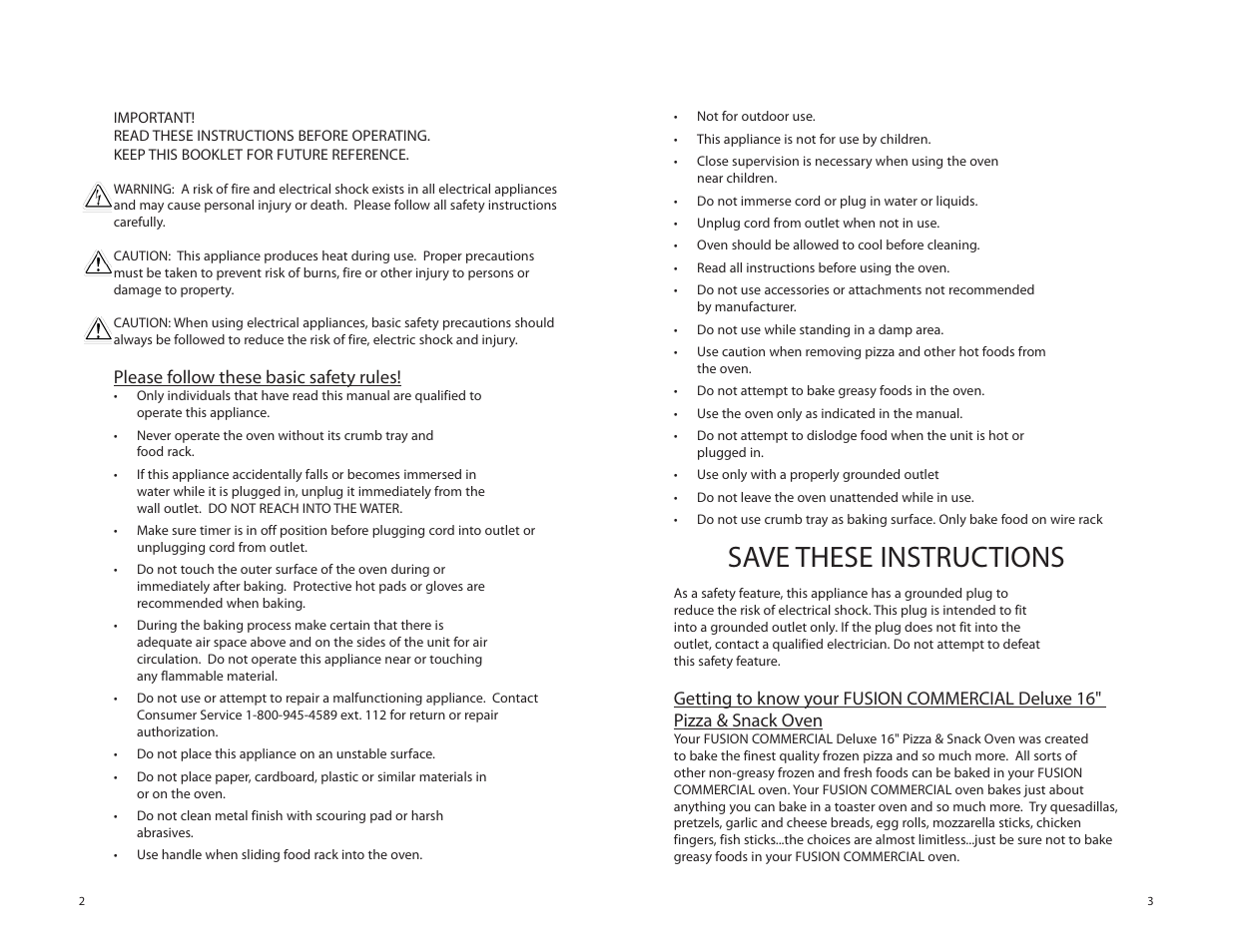 Save these instructions, Please follow these basic safety rules | Tomlinson 515FC DELUXE 16 PIZZA & SNACK User Manual | Page 2 / 5