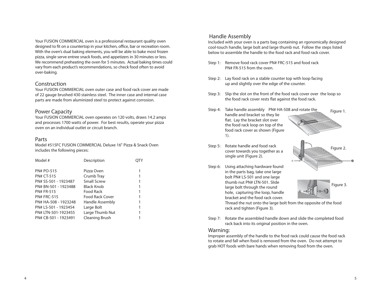 Construction, Power capacity, Parts | Handle assembly, Warning | Tomlinson 515FC DELUXE 16 PIZZA & SNACK User Manual | Page 3 / 5