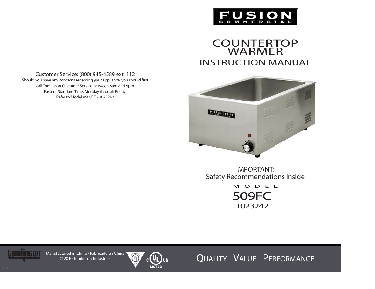 Tomlinson 509FC COUNTERTOP WARMER User Manual | 4 pages
