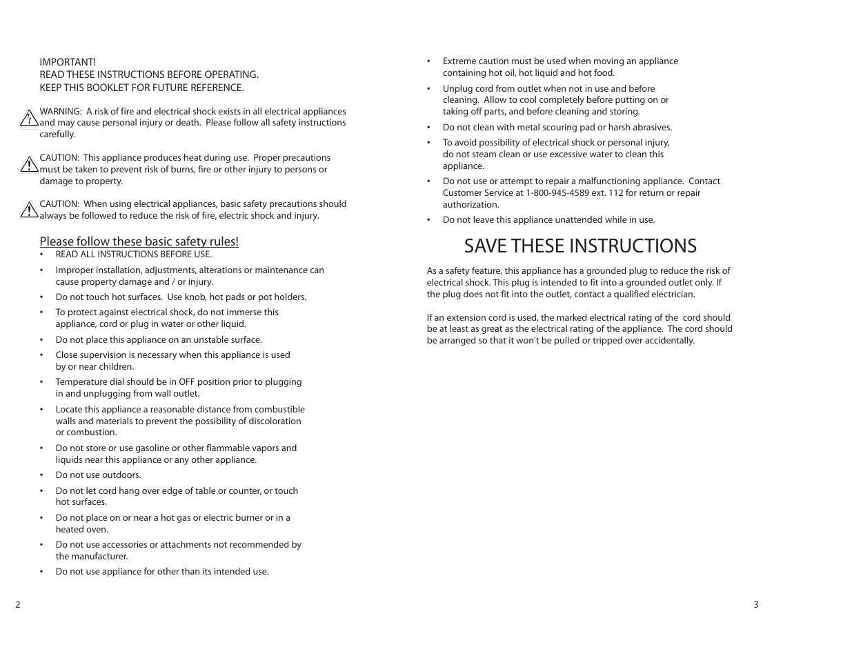 Save these instructions, Please follow these basic safety rules | Tomlinson 509FC COUNTERTOP WARMER User Manual | Page 2 / 4