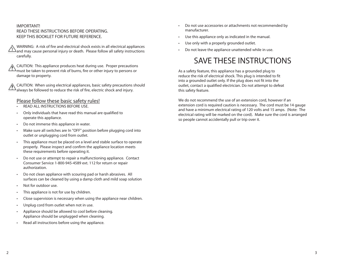 Save these instructions, Please follow these basic safety rules | Tomlinson 513FC PIZZA & SNACK MERCHANDISER User Manual | Page 2 / 4