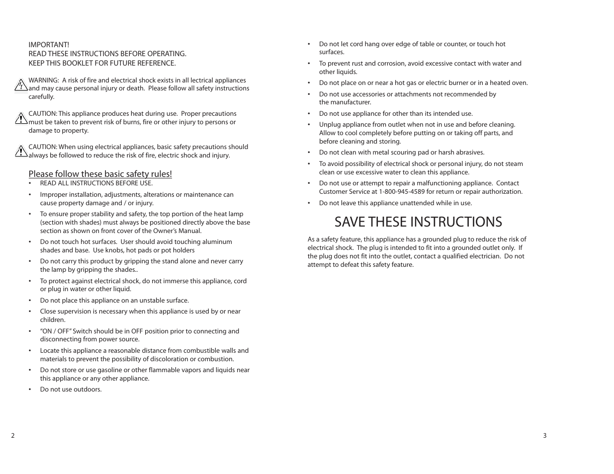 Save these instructions, Please follow these basic safety rules | Tomlinson 510FC 2-BULB HEAT LAMP User Manual | Page 2 / 4