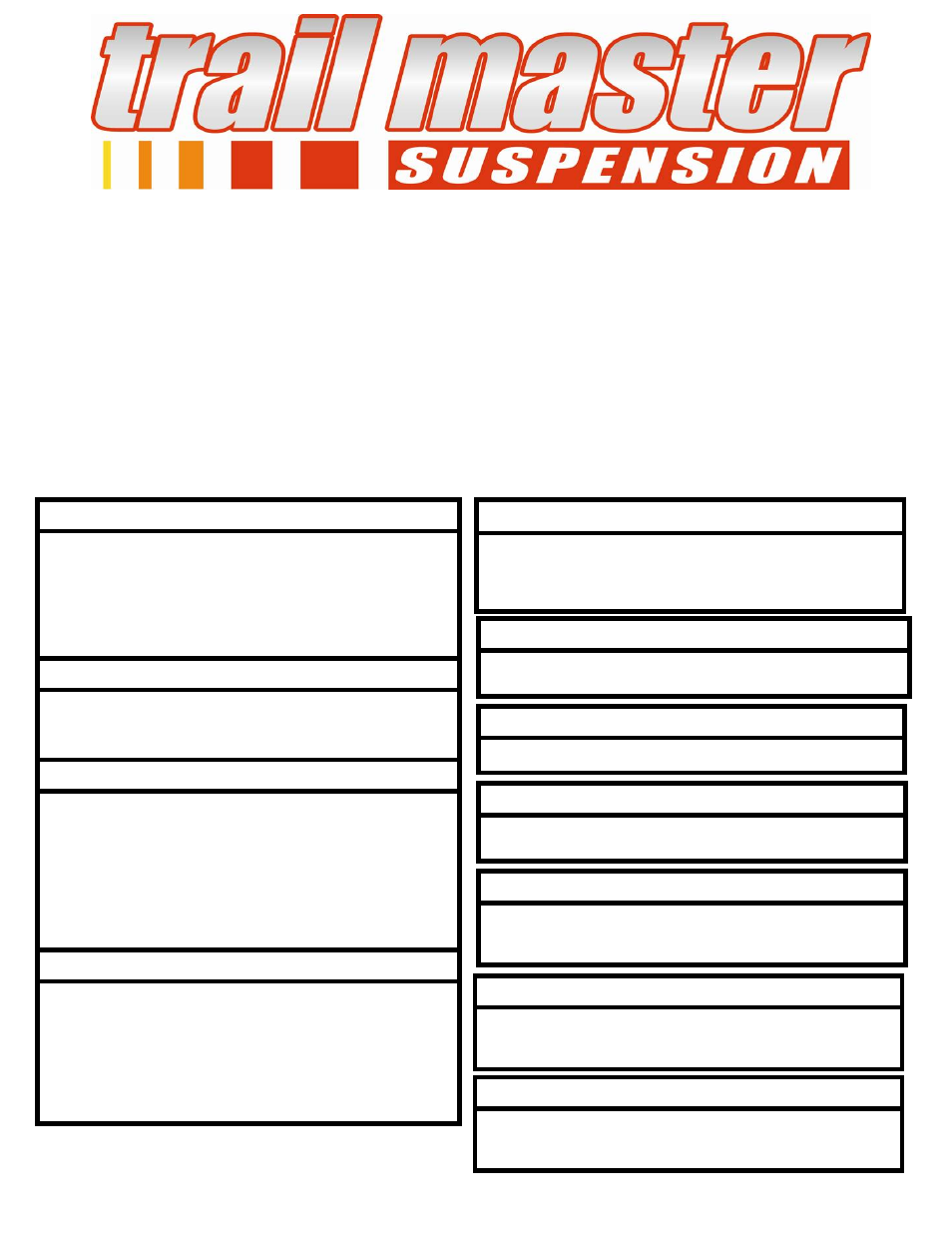 Trail Master 6.0 Inch Lift Kit w/Rear Add-a-Leafs w/NGS Shocks (TM412N,TM414N,TM411N,TM413N) User Manual | 20 pages